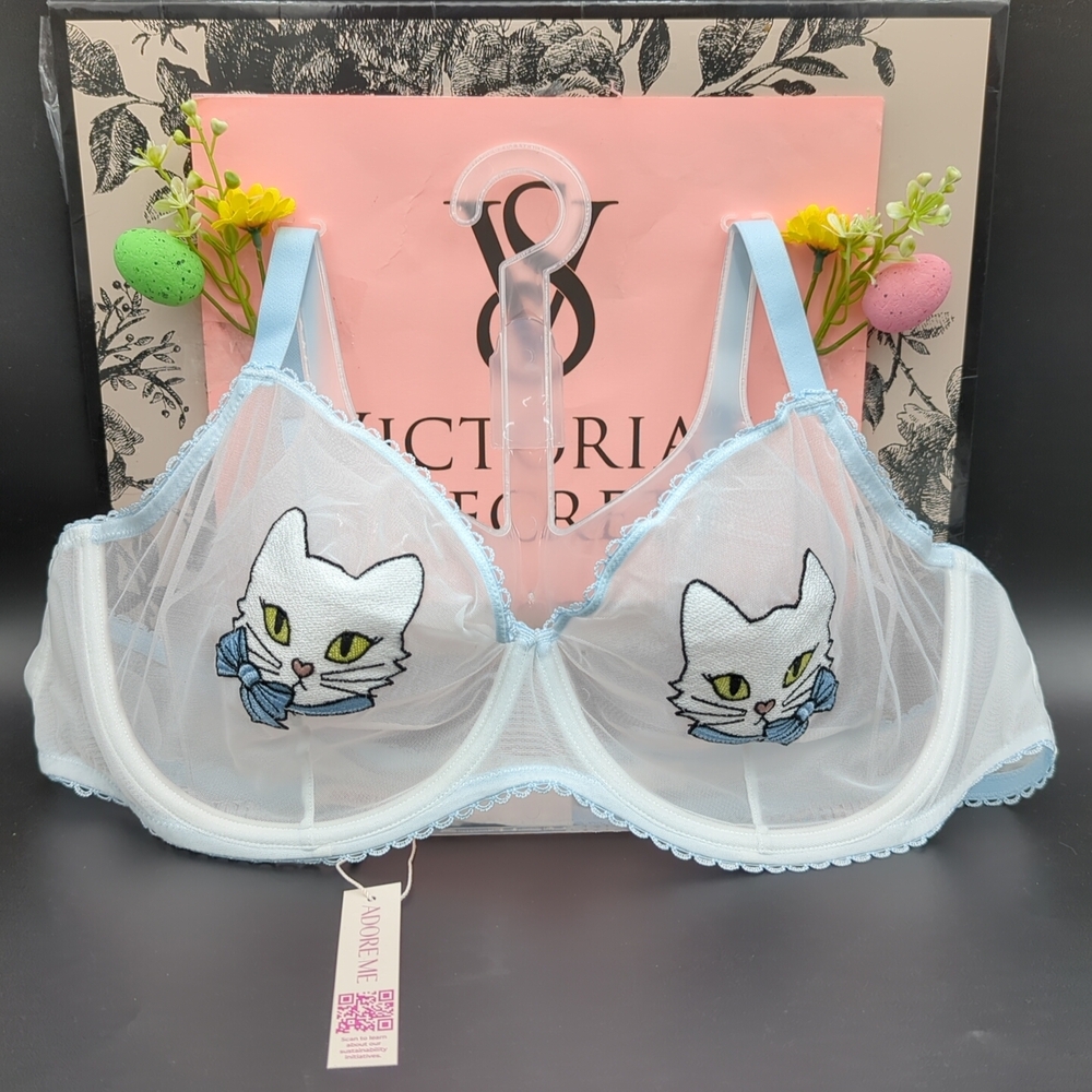 Adore Me Alyshia Unlined Cat Embroidered Demi Bra 44D White & Blue